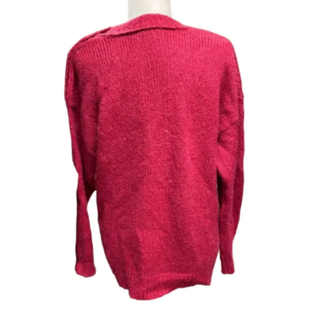 J.Crew Size M Alpaca Wool Raspberry Red Shoulder Button Fuzzy Pullover Sweater